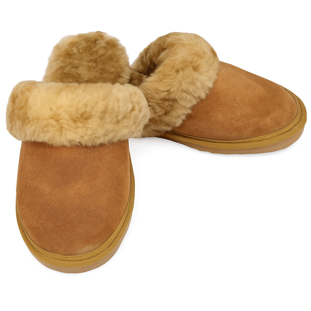 V563-BR-SHEEPSCUFFS-CNTFR-5-202506231220-00 Sheepskin Wool Womens Slippers Scuffs Slip On Winter Ugg Slippers in Chestnut - 5 - Image 1