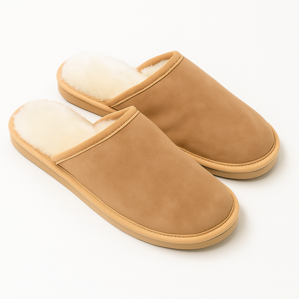 V563-BR-SHEEPSCUFFS-CNTWOFR-7-202507251105-00 Sheepskin Wool Mens Slippers Scuffs Slip On Winter Ugg Slippers in Chestnut - 7 - Image 1