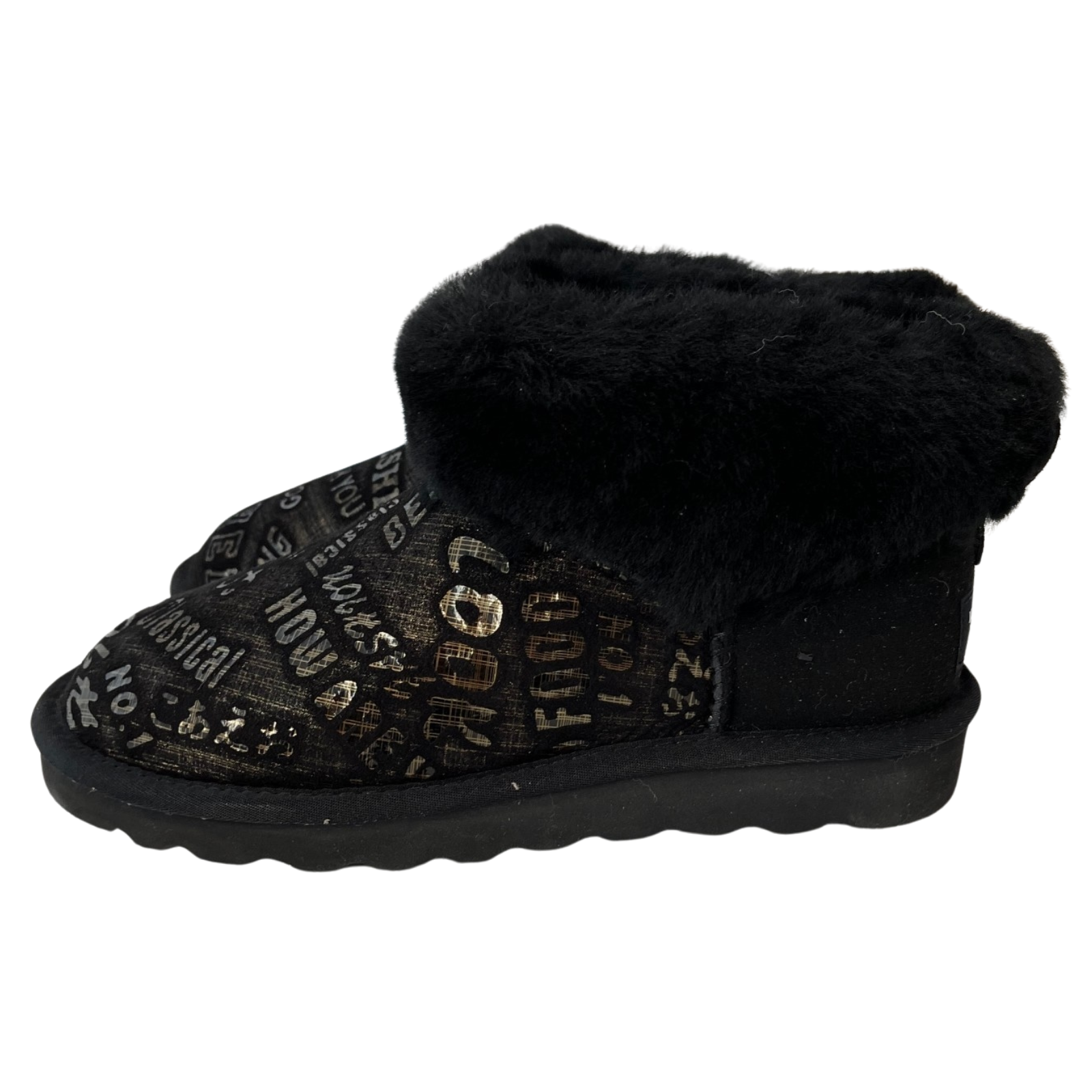 V563-D2390-BLACK-8-202506241253-00 Womens Australian Sheepskin Wool Fur Mini UGG Ankle Boots in Gold Black - 8 - Image 1