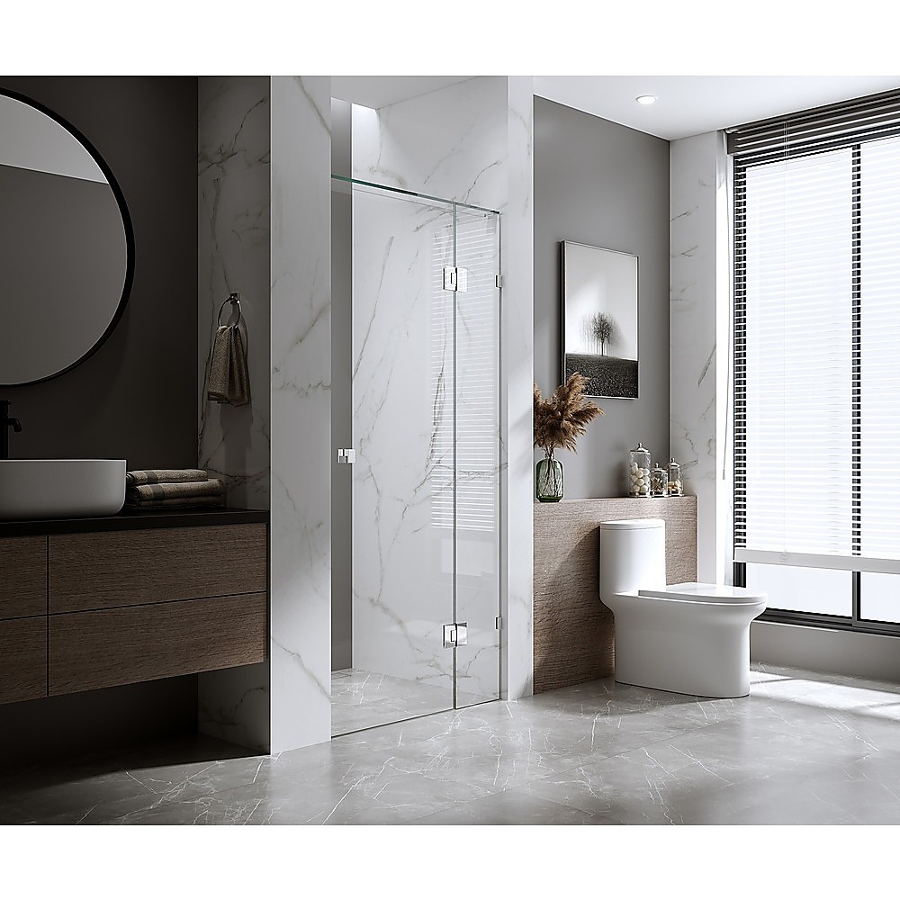 V63-857061-202507041921-00 90cm Wall to Wall Frameless Shower Screen with Gunmetal Brackets and Brass Hinges, Round Knob Handle - Wall U-Brackets - Image 1