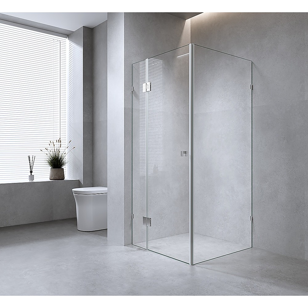 V63-884081-202507042325-00 90x90cm Corner Frameless Shower Screen with Gunmetal Wall & Floor U-Brackets and Brass Hinges, Square Double Pull Handle - Image 1