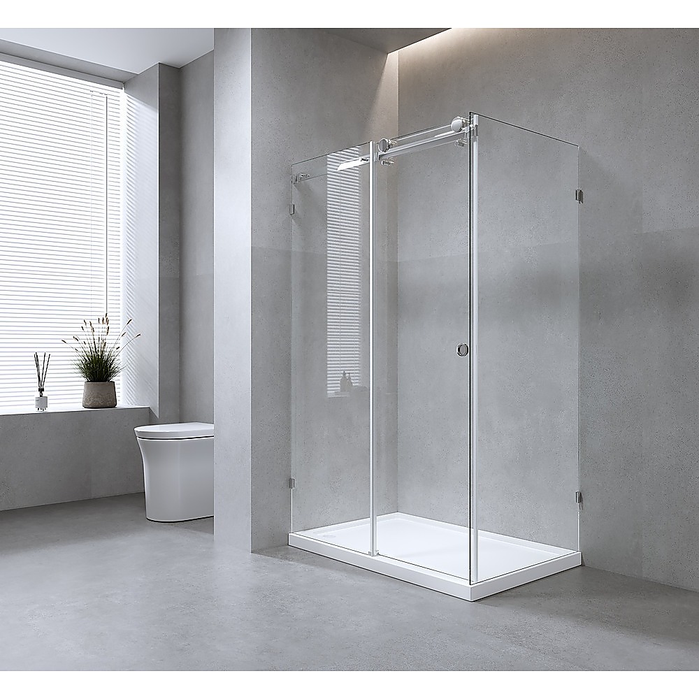 V63-913931-202507041731-00 160x100cm Frameless Glass Sliding Corner Shower with Black Rail and Hardware - Image 1