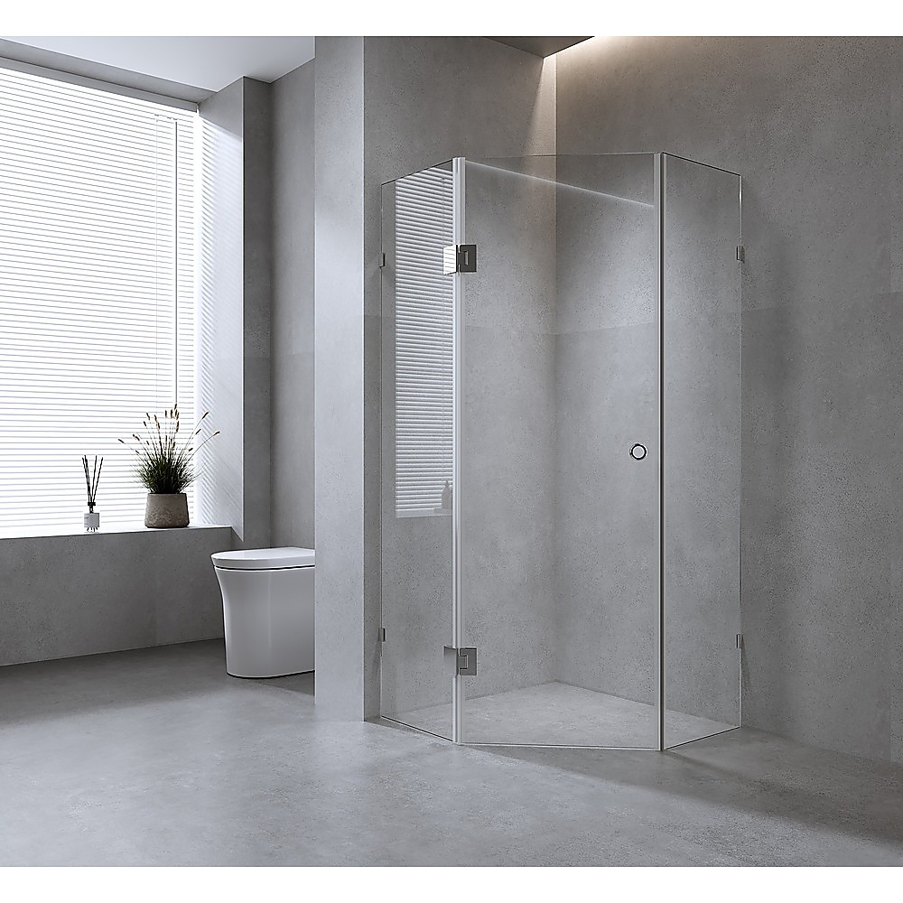 V63-932211-202507050020-00 90cm Frameless Diamond Shower Screen with White Brackets and Brass Hinges, Round Handle - Image 1