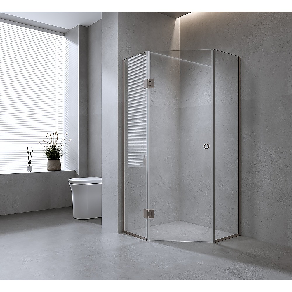 90cm Frameless Diamond Shower Screen with Nickel Channels and Brass Hinges & Round Handle