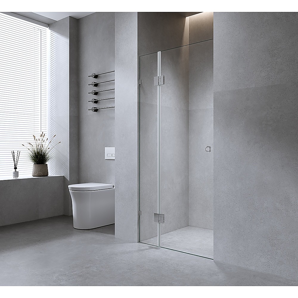 V63-938261-202507042310-00 100cm Wall to Wall Frameless Shower Screen with White Brackets and Brass Hinges - Wall U-Brackets - Image 1