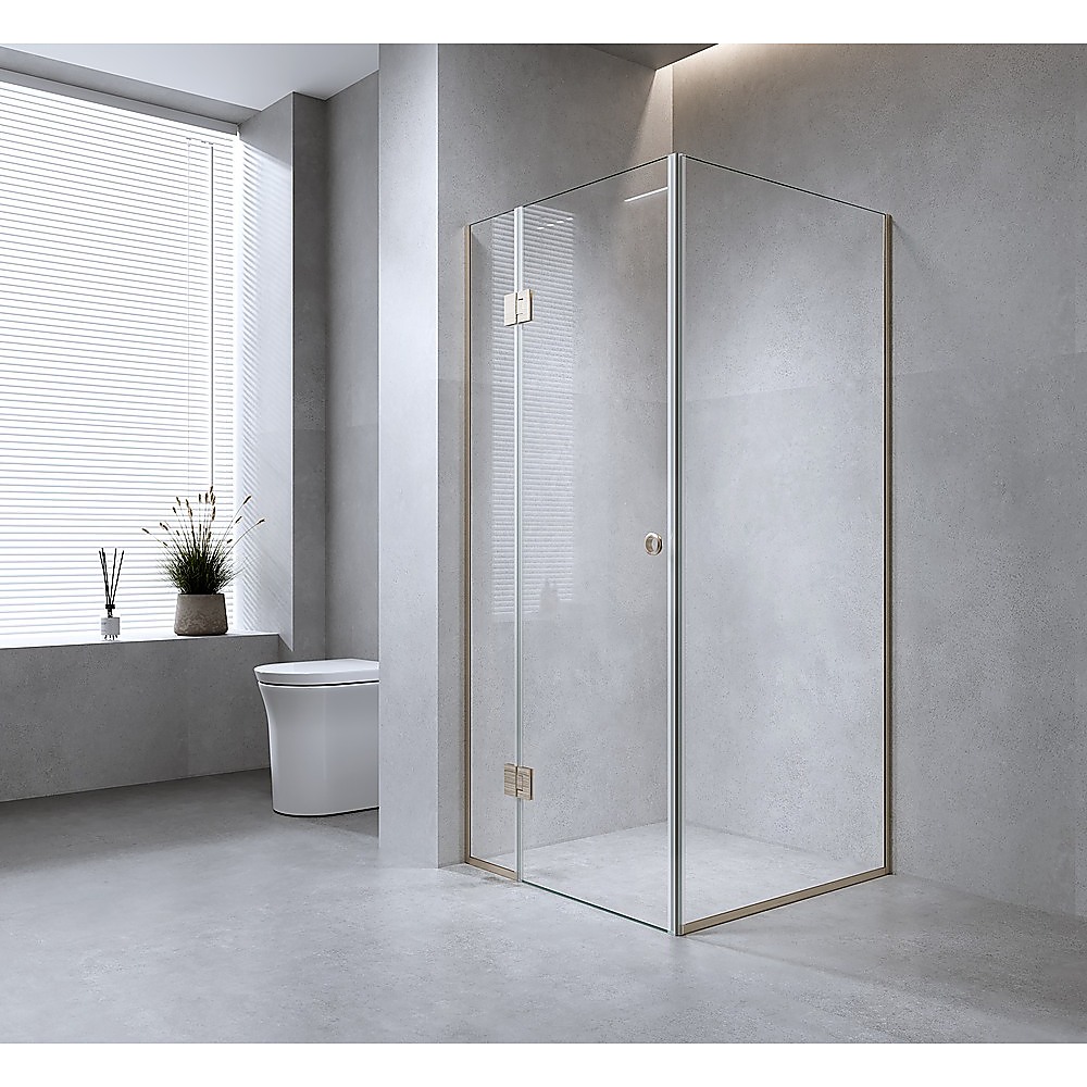 V63-946141-202507042340-00 110x100cm Corner Frameless Shower Screen with White Channel and Brass Hinges - Image 1