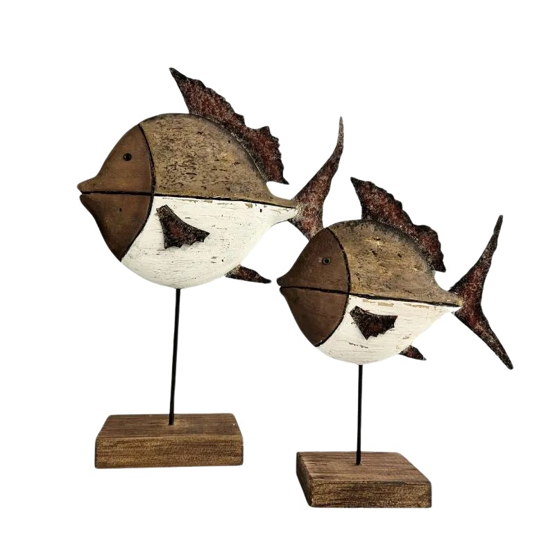 V637-12805FSH-202508251505-00 Set 2 Handcrafted Fish On Base Assort 28cm, 20cm - Image 1