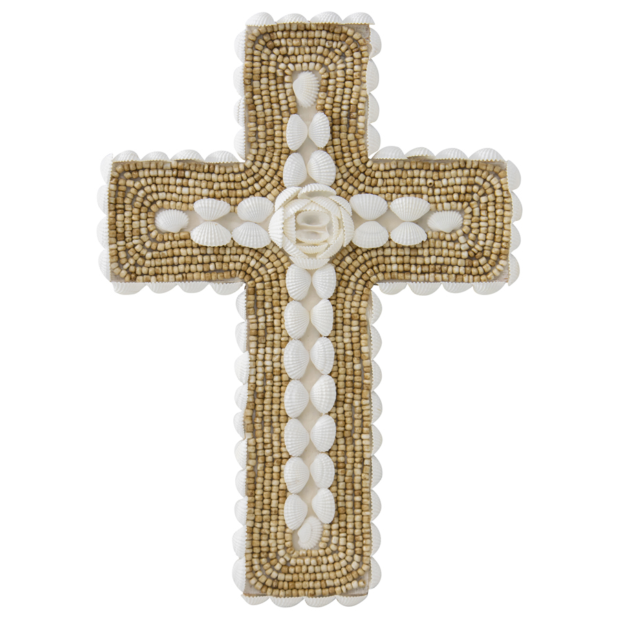 Handcrafted Shell & Narrow Weave Border Wall Hanging Cross 30x3cm