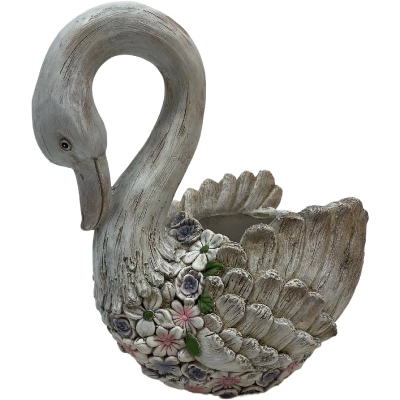 V637-49481SWN-202508251310-00 Swan + Flowers Planter w Hole + Plug 52cm - Image 1