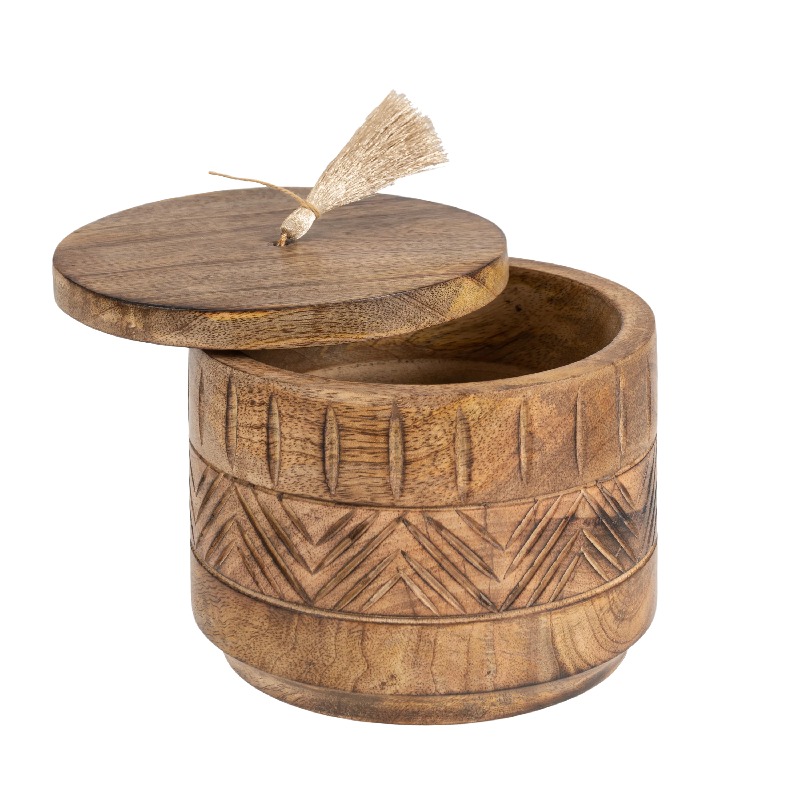 V637-50532BOX-202508251320-00 Handcrafted Round Box w Aztec Carving 15cm - Image 1