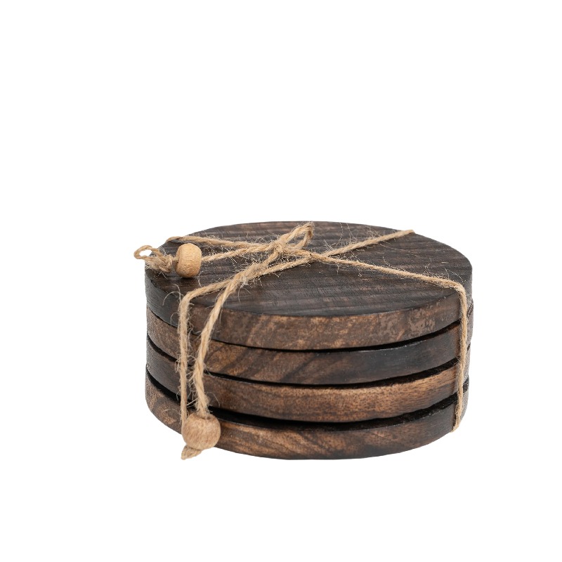 V637-50538CST-202508251325-00 Handcrafted Burnt Finish 4pc Coaster Set w Tie 10cm - Image 1