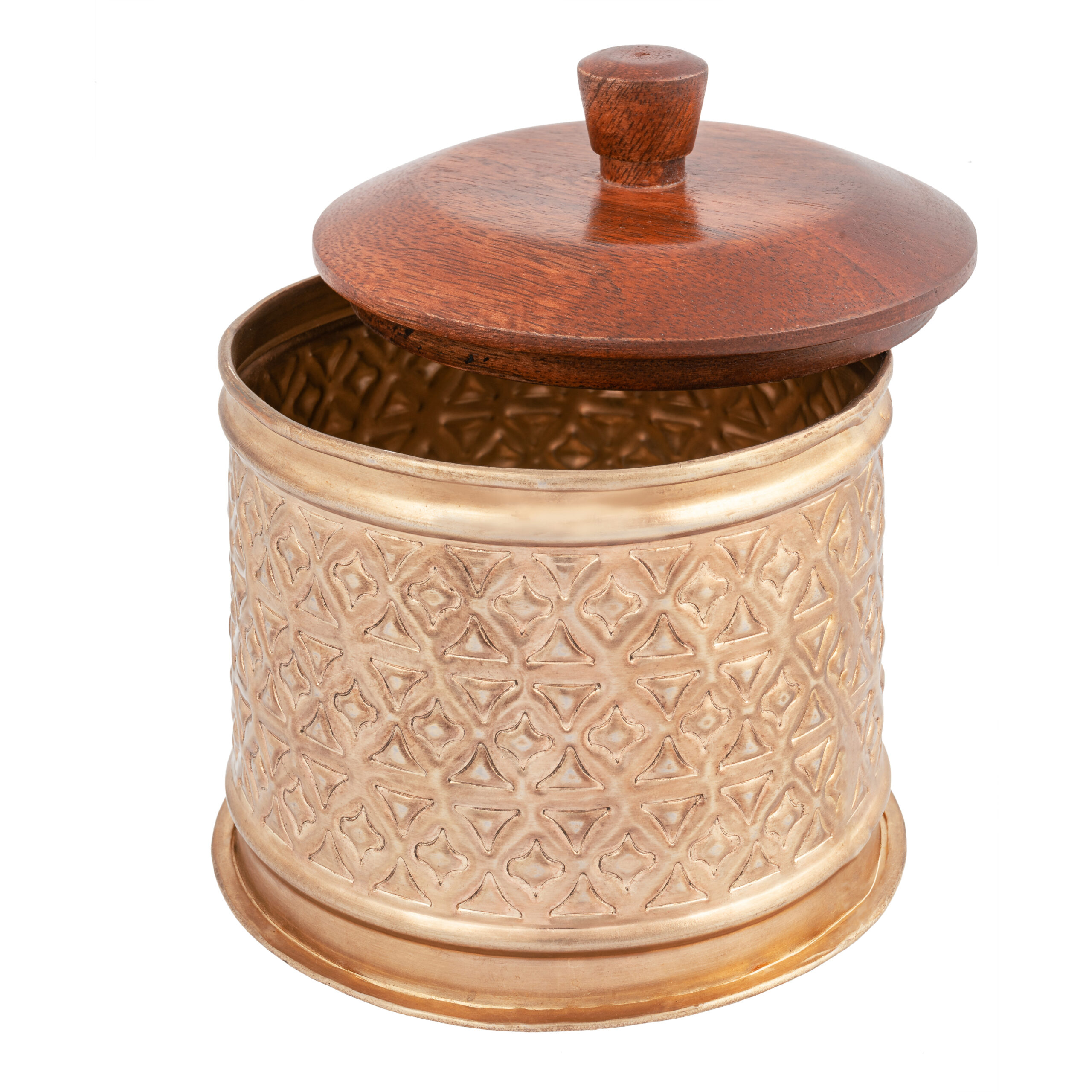 Handcrafted Round Metal Pressed Box W Mango Wood Lid 14cm