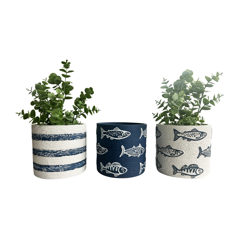 V637-88742PLN-202508251640-00 Set 3 Assorted Fish / Stripe Planters w Hole + Plug 14cm - Image 1