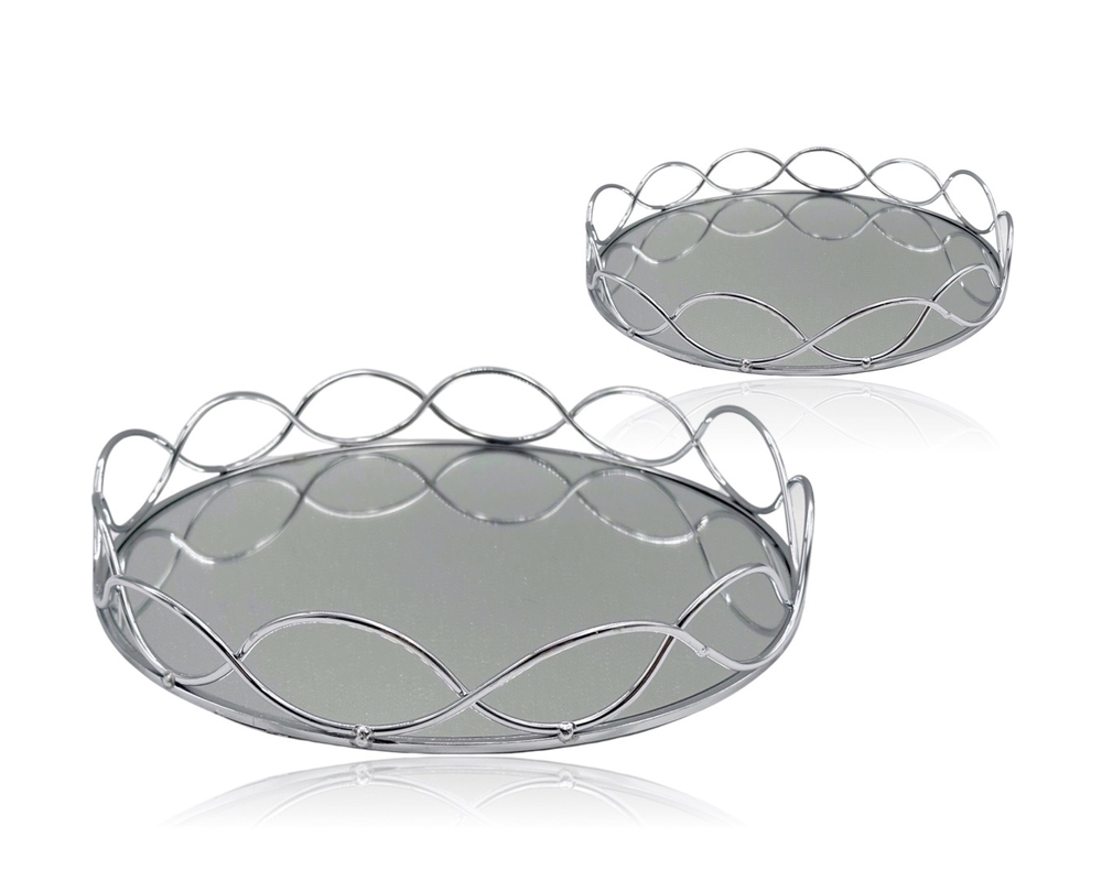 V637-DCO32980-202508251625-00 Set 2 Round Silver Mirror Tray 30cm - Image 1