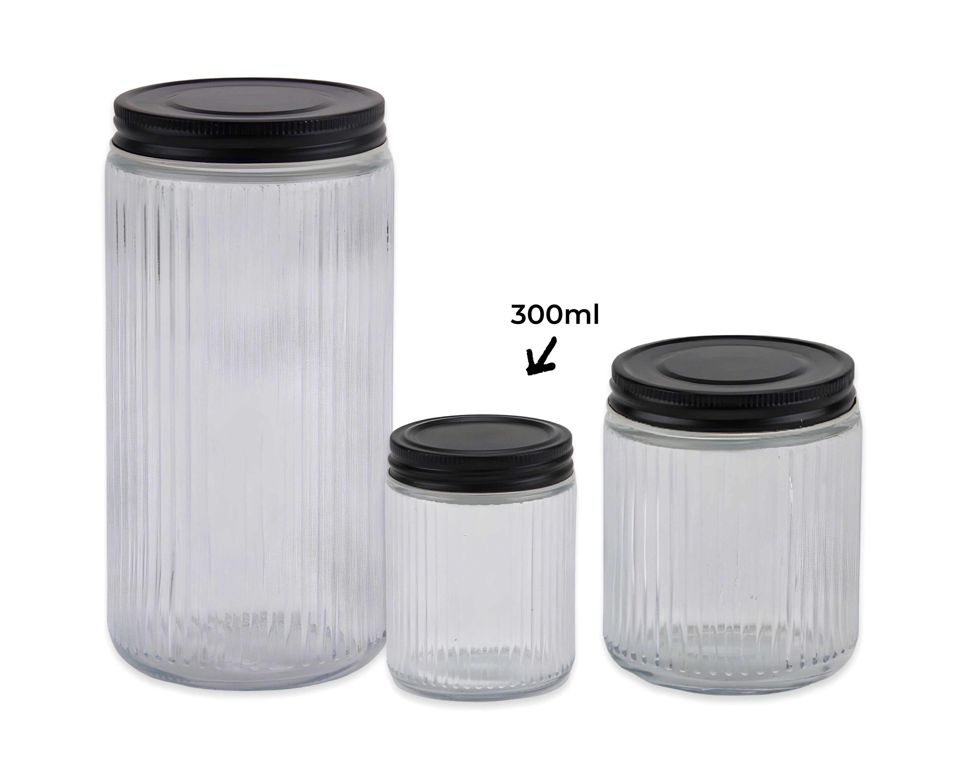 V637-KIT35075-202508252335-00 bulk 24 Ribbed Glass Jar With Metal Lid 300ml 7x10cm - Image 1
