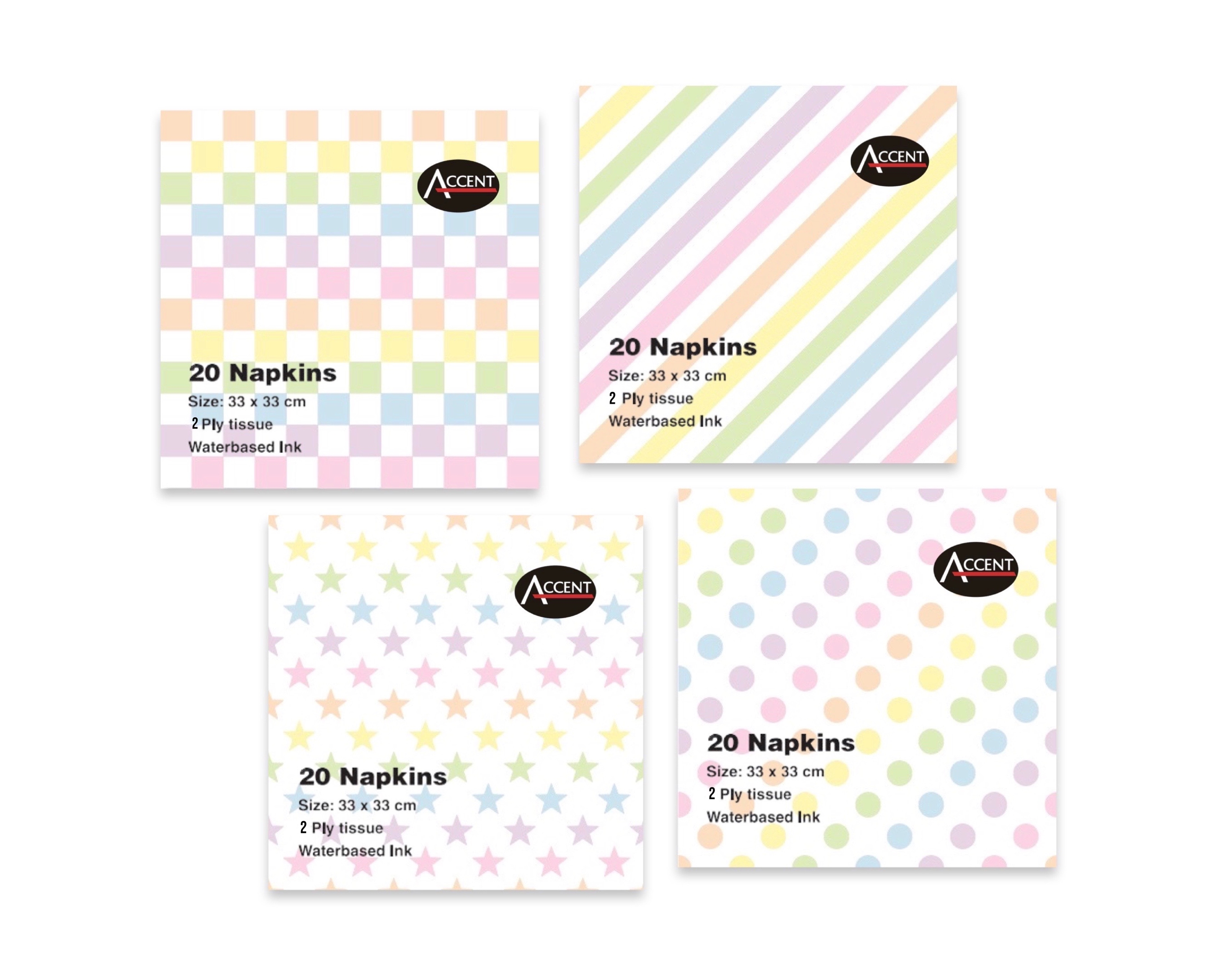 bulk 960 Dots Stars Gingham Diagonal Stripes Napkin 2ply Assort 33cm