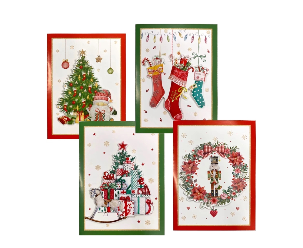 V637-XMS33405-202508260835-00 bulk 288 Cheerful w Gifts Xmas Cards 3D Glitter Assort Invitation 17cm - Image 1