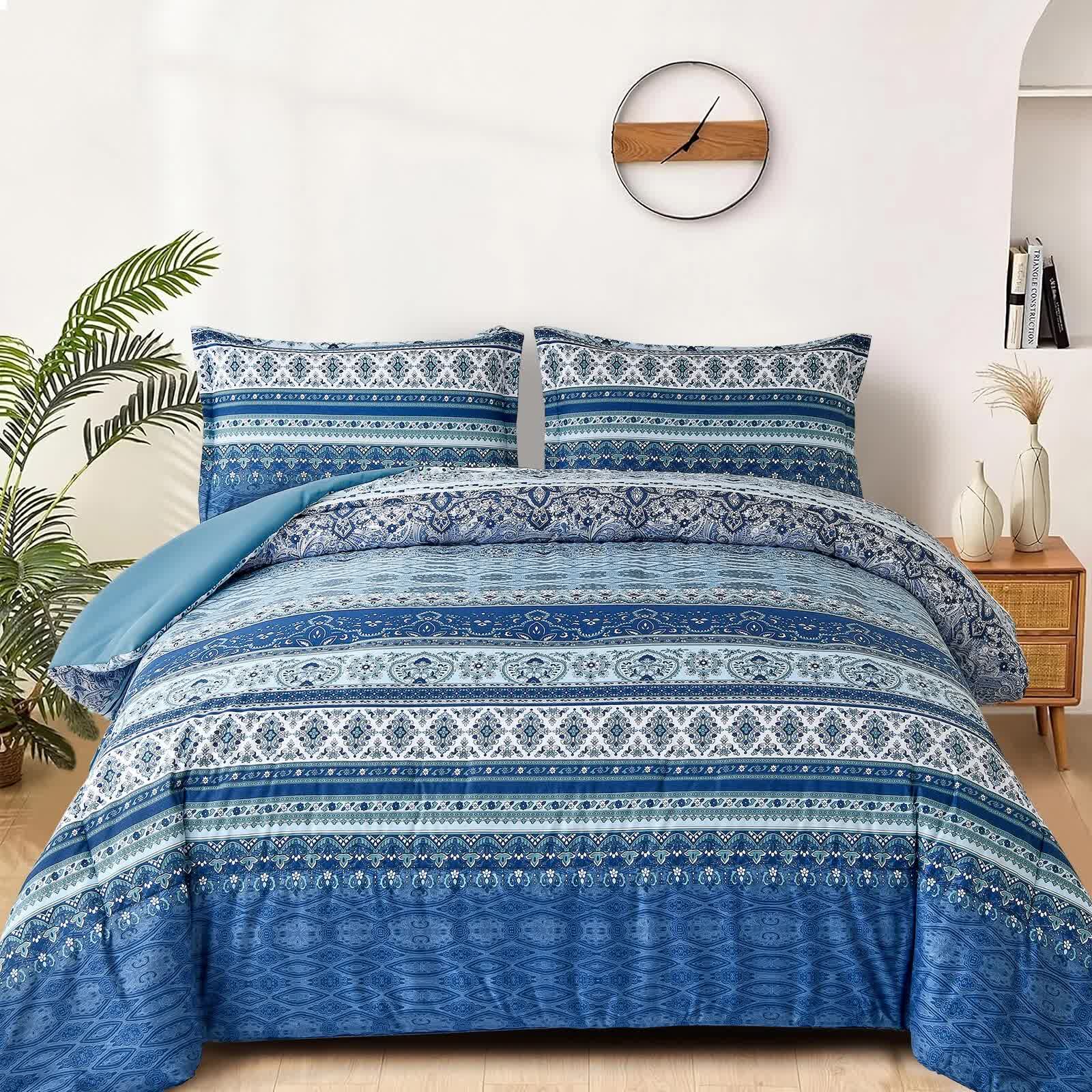 V745-MAB010907AJ3-202508061205-00 Boho Vibes blue Bedding Set – 3‑Piece Comforter & Pillow Covers - Image 1