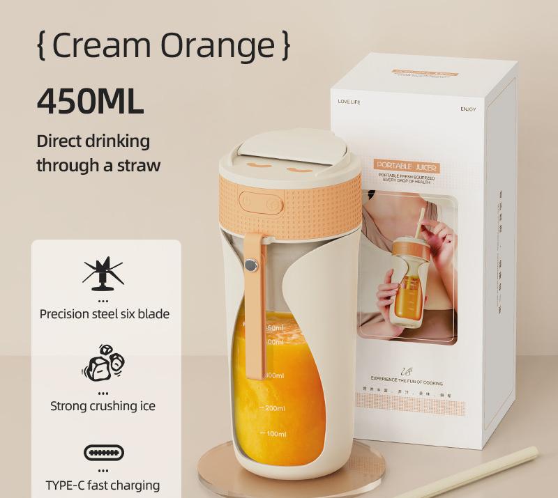 V888-ELOSUNG29760-202506190705-00 Portable Wireless Juicing Cup - 450ml, 6-Blade Ice Crusher, USB-C Fast Charging Smoothie Blender(orange) - Image 1