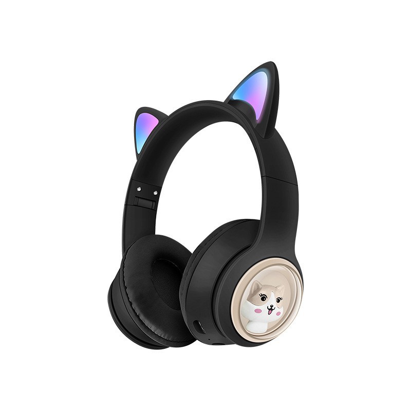 V888-ELOSUNG29773-202506190647-00 Cute Cat Ear Wireless Headphones - BT5.3, LED Lights, TF Card Slot, Soft Protein Padding(black) - Image 1