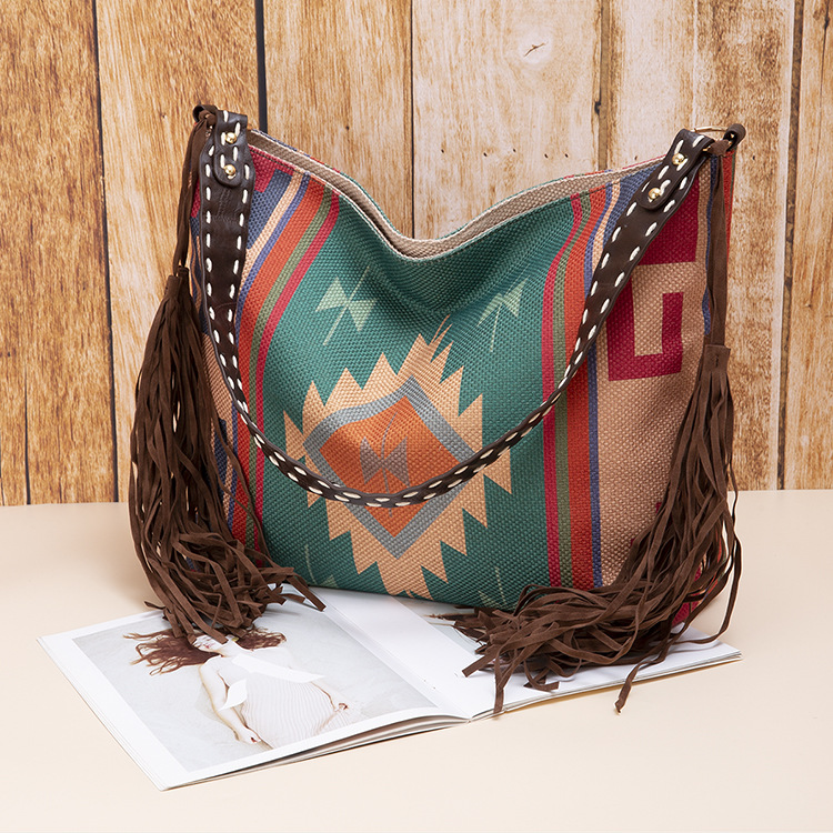 V888-ELOSUNG29789-202506190622-00 Bohemian Style Canvas Hobo Bag with Tassels & Geometric Print - Large Capacity Shoulder Bag(green) - Image 1