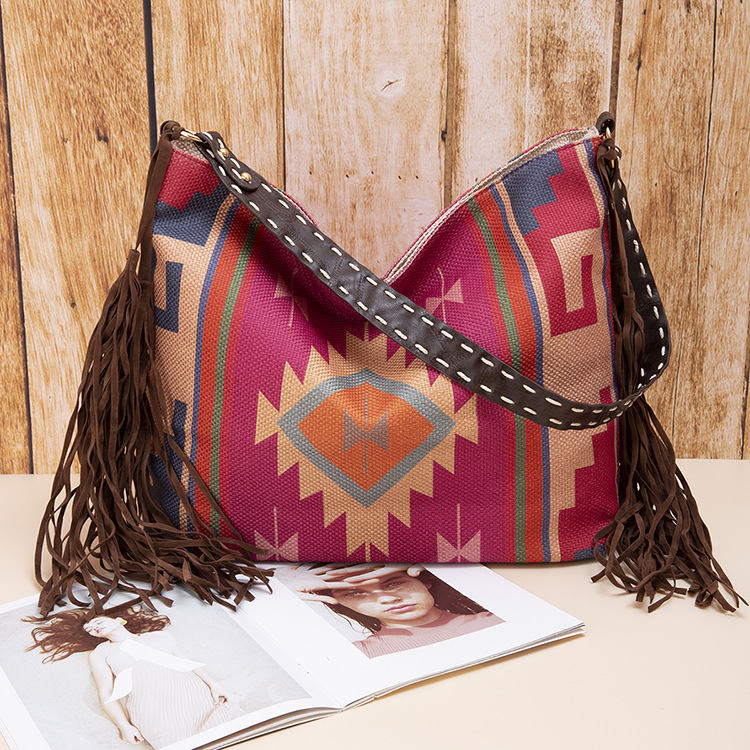 V888-ELOSUNG29790-202506190622-00 Bohemian Style Canvas Hobo Bag with Tassels & Geometric Print - Large Capacity Shoulder Bag(purple) - Image 1