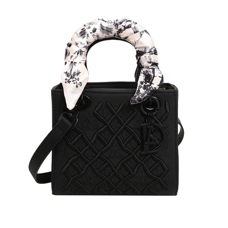 V888-ELOSUNG29924-202506191154-00 Elegant Embossed PU Leather Handbag with Scarf Detail - Versatile Top-Handle & Crossbody Bag(black) - Image 1