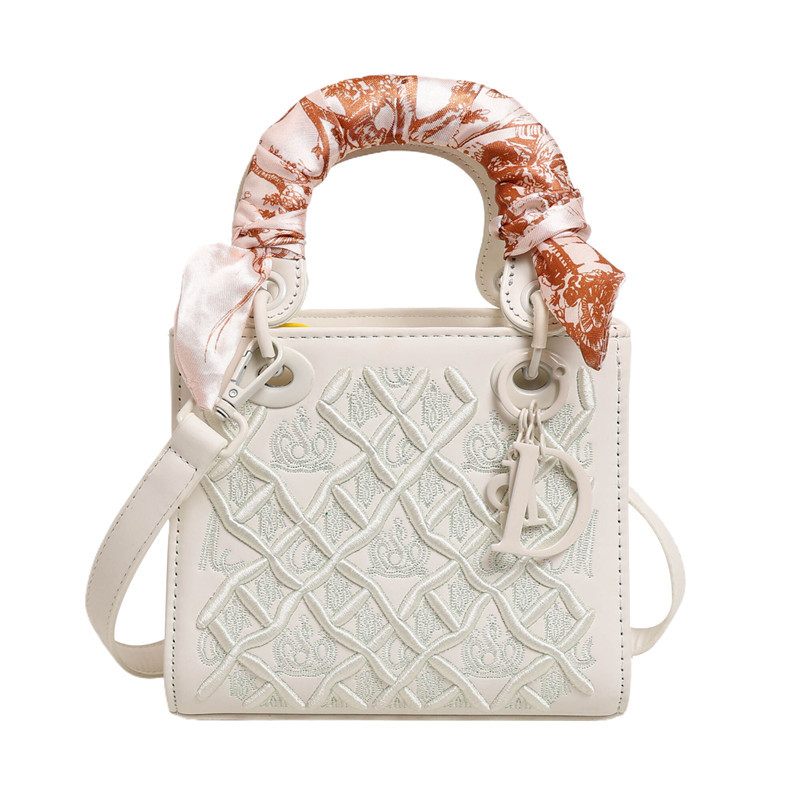 V888-ELOSUNG29925-202506191140-00 Elegant Embossed PU Leather Handbag with Scarf Detail - Versatile Top-Handle & Crossbody Bag(white) - Image 1