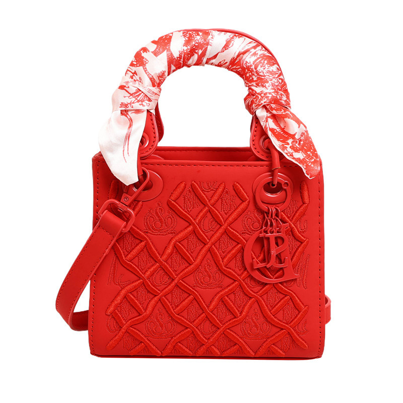 V888-ELOSUNG29926-202506191140-00 Elegant Embossed PU Leather Handbag with Scarf Detail - Versatile Top-Handle & Crossbody Bag(red) - Image 1