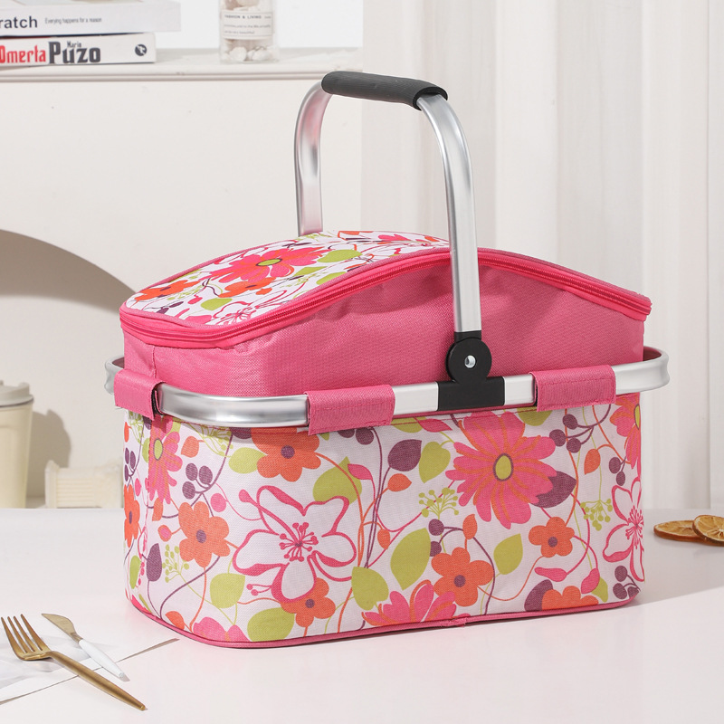 V888-ELOSUNG32429-202506191125-00 Pink and Floral Pattern Large 27L Foldable Insulated Picnic Basket Cooler Bag - Lightweight Thermal Hamper with Aluminum Handles for Outdoor, Shopping & Camping - Image 1