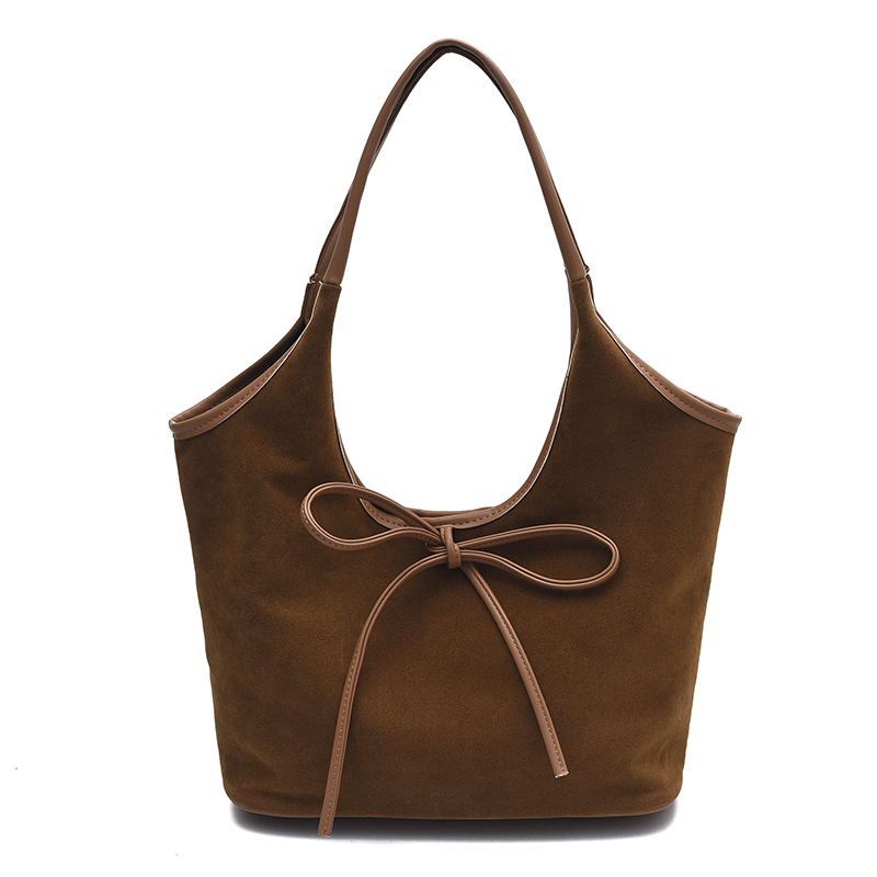 V888-ELOSUNG32445-202506191111-00 Brown Chic Retro Suede-Finish PU Leather Tote Bag - Large Capacity Shoulder Bag with Tie Accent - Image 1