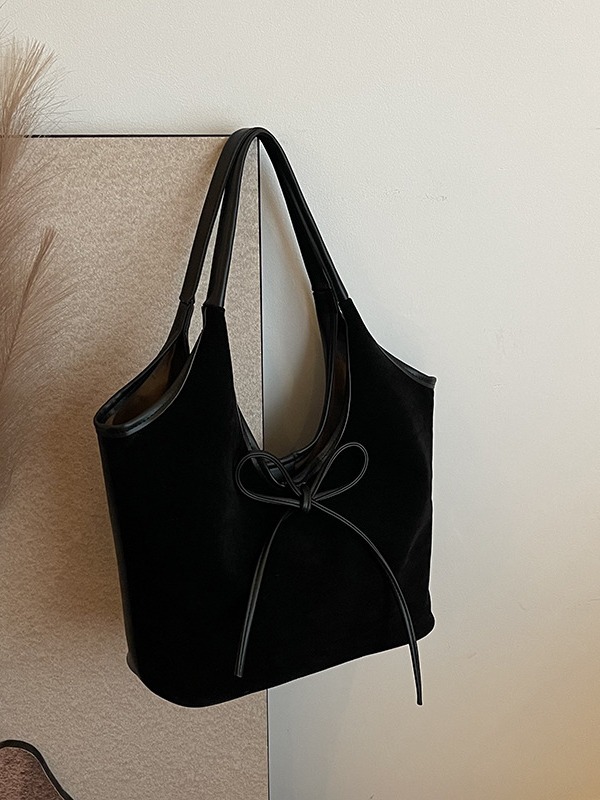 V888-ELOSUNG32448-202506191112-00 Black Chic Retro Suede-Finish PU Leather Tote Bag - Large Capacity Shoulder Bag with Tie Accent - Image 1