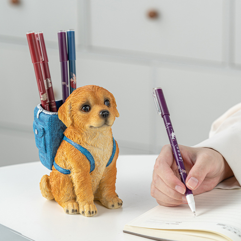 V888-ELOSUNG32494-202506191236-00 Blue Backpack Charming Golden Retriever Puppy Pen Holder - Resin Desktop Organizer & Decorative Figurine - Image 1