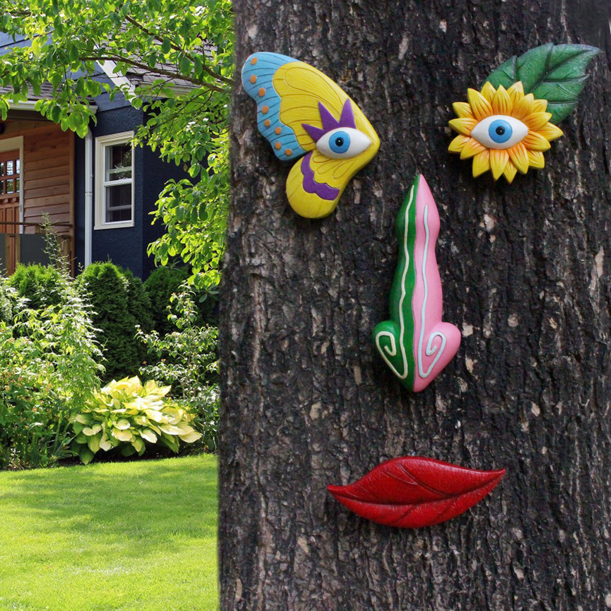 V888-ELOSUNG32503-202506191315-00 Colorful Vibrant Resin Tree Face Art - 4 Piece Whimsical Outdoor Garden & Wall Decor Set - Image 1