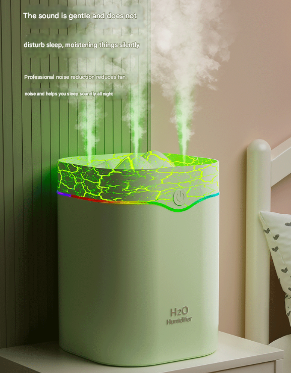 V888-ELOSUNG32518-202506191031-05 Green Volcano Style 2L Cool Mist Humidifier - Triple Nozzle with RGB LED & Quiet Operation - Image 1