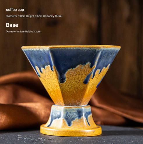 V888-ELOSUNG32523-202506191040-00 Blue and Gold Artistic Hexagonal Ceramic Coffee Cup & Stand Set - 180ml Nordic Design Drip Glaze Mug - Image 1