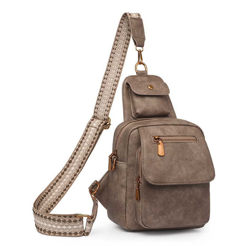 V888-ELOSUNG32580-202506241151-00 Khaki Stylish PU Leather Sling Crossbody Bag for Women - Multi-Pocket Chest Pack with Adjustable Wide Strap - Image 1