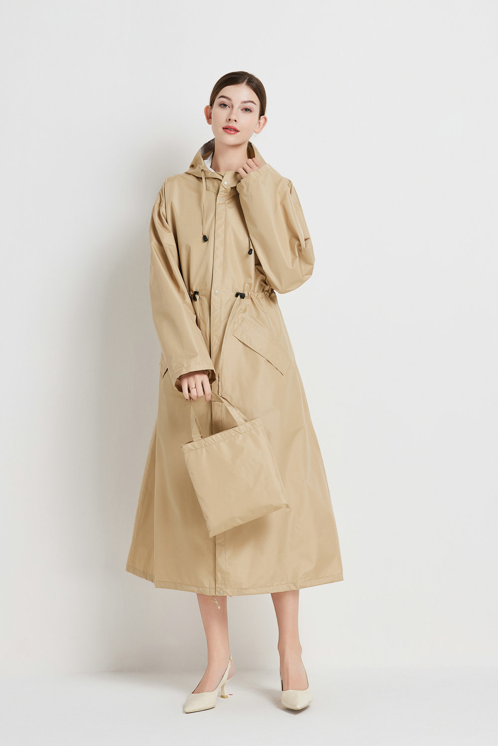V888-ELOSUNG32623-202506241045-00 Size XL Khaki Women's Chic Lightweight Waterproof Raincoat - Long Hooded Packable Rain Jacket with Pouch - Image 1