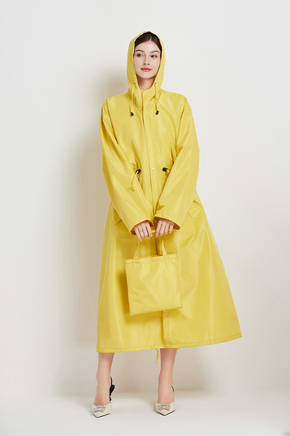 V888-ELOSUNG32644-202506241120-00 Size L Yellow Women's Chic Lightweight Waterproof Raincoat - Long Hooded Packable Rain Jacket with Pouch - Image 1