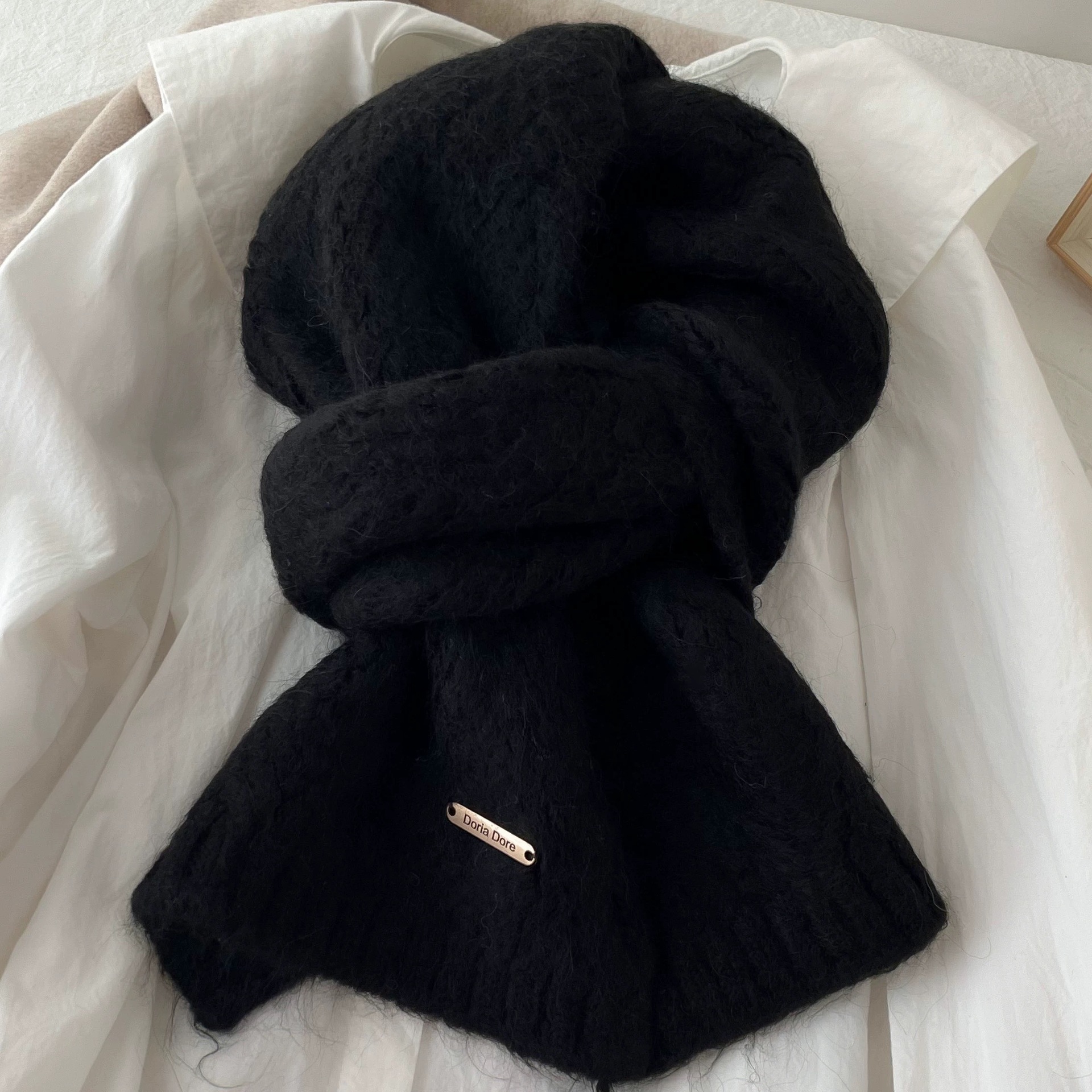 V888-ELOSUNG32668-202506250954-00 Black Alpaca Wool Blend Solid Color Knitted Scarf for Women Winter New Style Student High Quality Couple Woolen Neck Warmer - Image 1