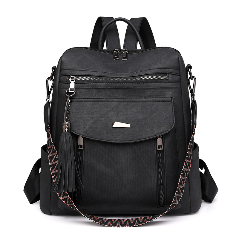 V888-ELOSUNG32729-202506301020-00 Black Chic Women's PU Leather Convertible Backpack - Anti-Theft Design, Multi-Pocket Shoulder Bag with Tassel - Image 1