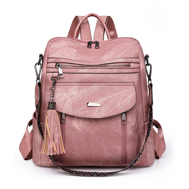 V888-ELOSUNG32731-202506301107-00 Pink Chic Women's PU Leather Convertible Backpack - Anti-Theft Design, Multi-Pocket Shoulder Bag with Tassel - Image 1