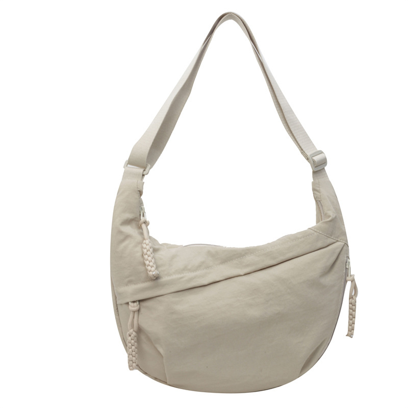 V888-ELOSUNG32800-202507021026-00 Beige Large Nylon Crescent Crossbody Bag - Casual Slouchy Shoulder Purse - Image 1
