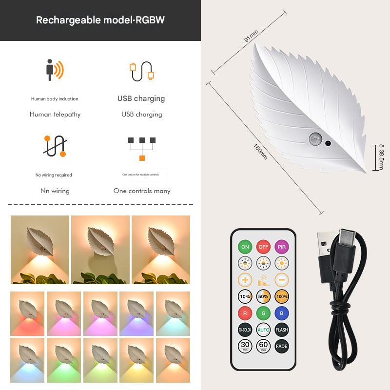 V888-ELOSUNG32832-202507041025-00 White RGB Color-Changing Leaf LED Night Light - Wireless Motion Sensor Wall Lamp with Remote Control for Ambiance Lighting - Image 1