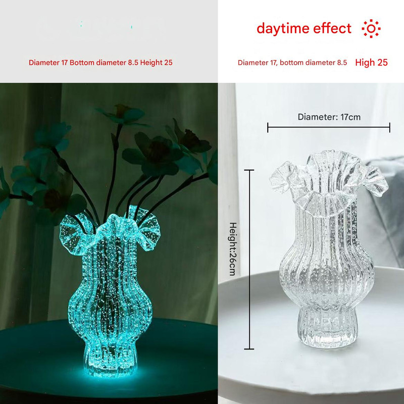 V888-ELOSUNG32841-202507071004-00 Transparent Elegant Glow-in-the-Dark Glass Vase - Vintage-Style Ruffled & Ribbed Centrepiece - Image 1