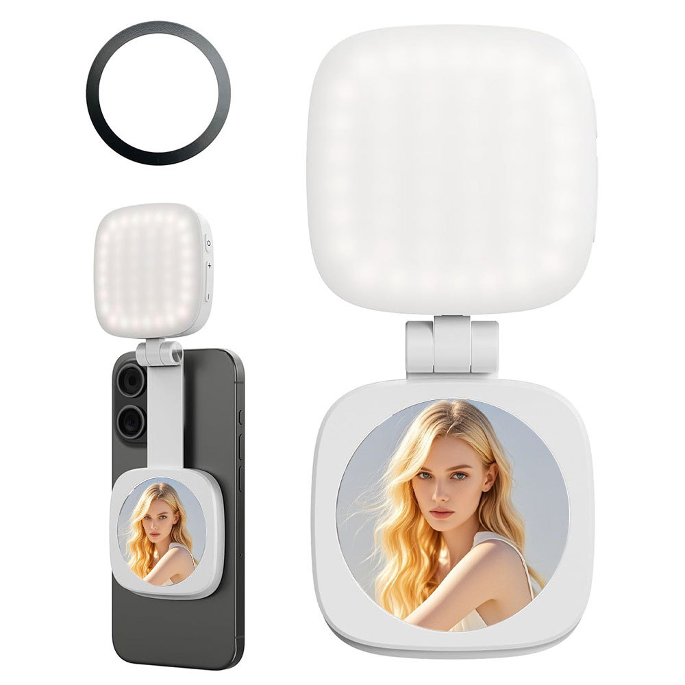 V888-ELOSUNG32898-202507110954-00 White Magnetic Foldable Selfie Light with Mirror - Rechargeable LED Fill Light for iPhone & Android Vlogging(Mobile phone is a shooting prop and is not included) - Image 1