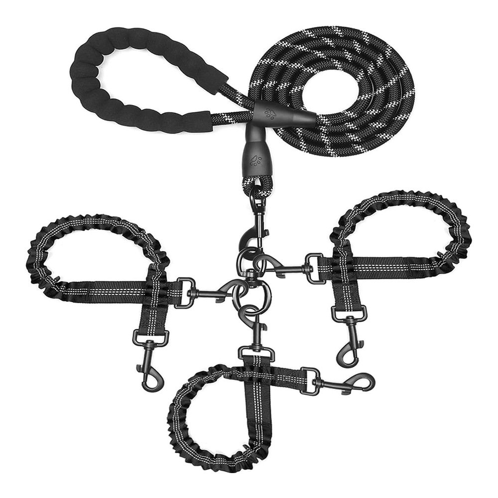 V888-ELOSUNG32908-202507111320-00 Black 3-in-1 Tangle-Free Dog Leash for 1-3 Dogs - Heavy Duty Bungee Coupler with Reflective Stitching & Padded Handle - Image 1