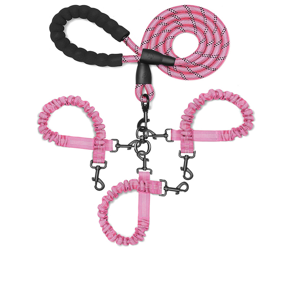 V888-ELOSUNG32910-202507111320-00 Pink 3-in-1 Tangle-Free Dog Leash for 1-3 Dogs - Heavy Duty Bungee Coupler with Reflective Stitching & Padded Handle - Image 1