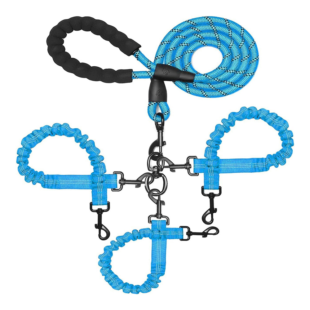 V888-ELOSUNG32911-202507111320-00 Blue 3-in-1 Tangle-Free Dog Leash for 1-3 Dogs - Heavy Duty Bungee Coupler with Reflective Stitching & Padded Handle - Image 1