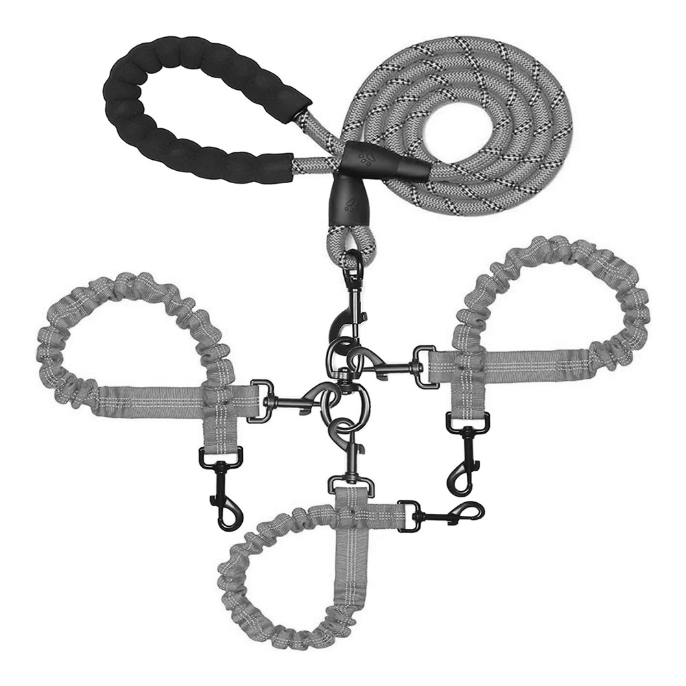 V888-ELOSUNG32912-202507111320-00 Grey 3-in-1 Tangle-Free Dog Leash for 1-3 Dogs - Heavy Duty Bungee Coupler with Reflective Stitching & Padded Handle - Image 1